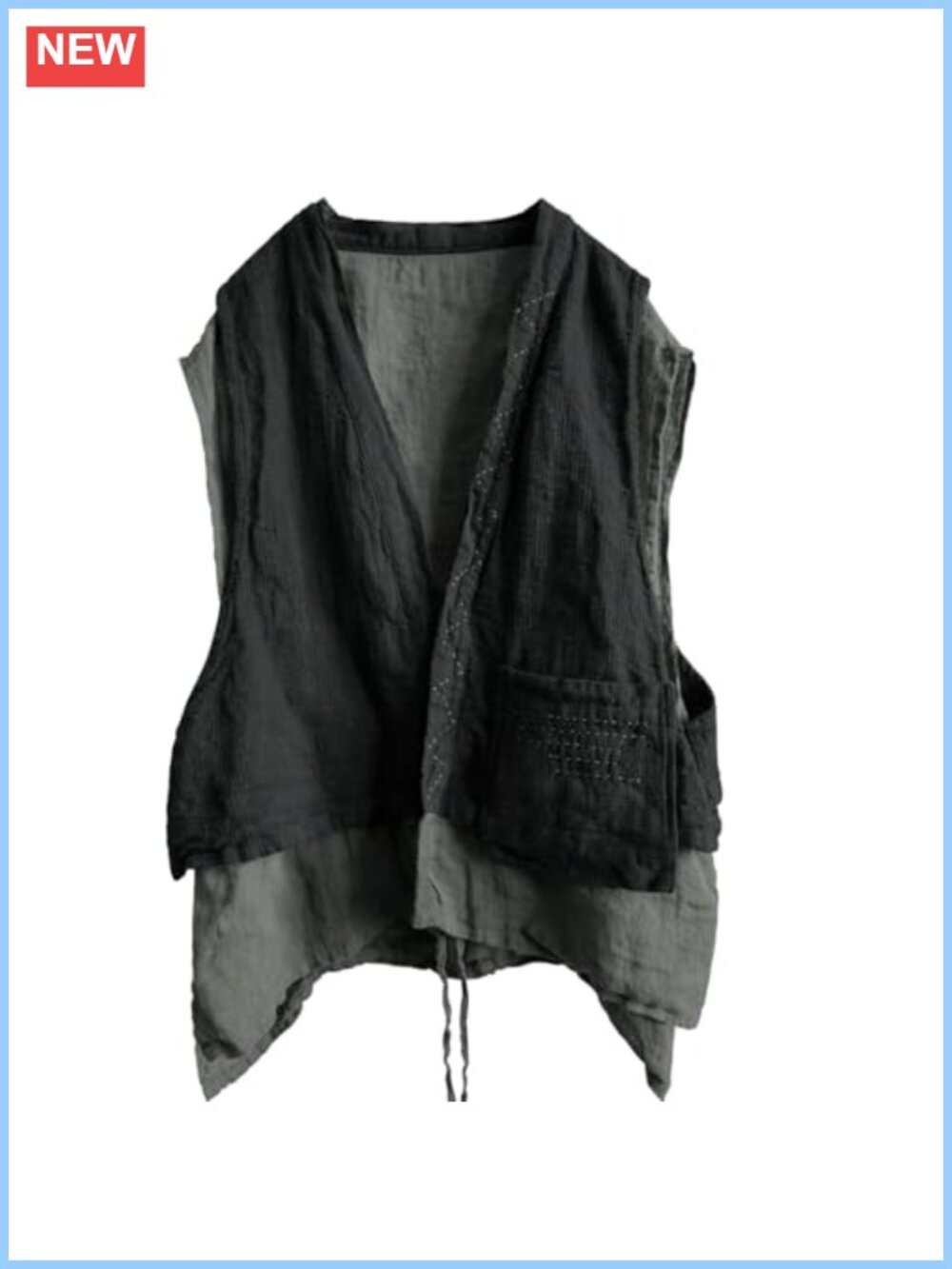Linen Double-Layer Vest Sleeveless Open Front Cardigan with Pockets